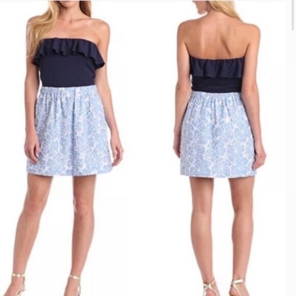 Lilly Pulitzer Athens Strapless A-Line Dress Blue XS Hollar for a Dollar Eyelet - Picture 1 of 14